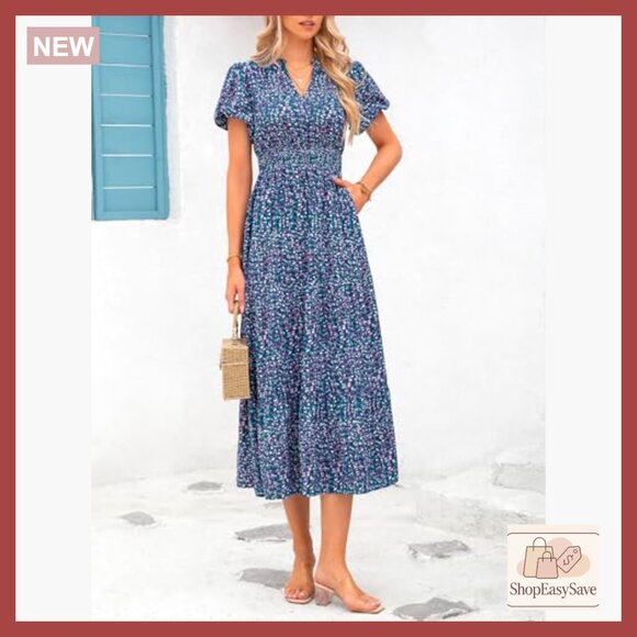 Floral Maxi Dress V Neck Puff Sleeve Smocked Waist Boho Casual Beach Wear - Picture 6 of 7